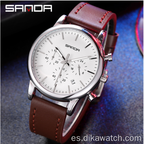 SANDA 1034 Reloj de lujo para hombre de negocios Reloj de cuero de cuarzo informal para hombre de tres ojos y seis pines a prueba de agua